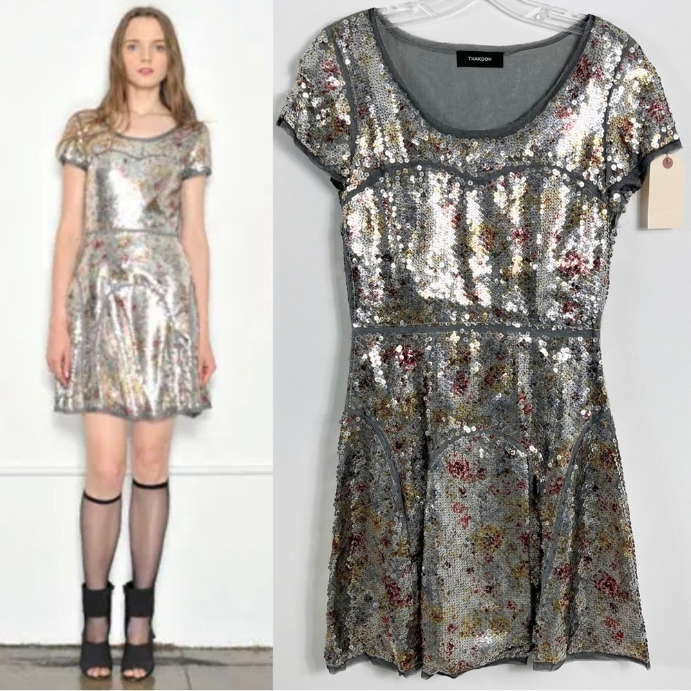Thakoon Runway Metallic Floral Sequin Garter Mini Dress Silver Multi